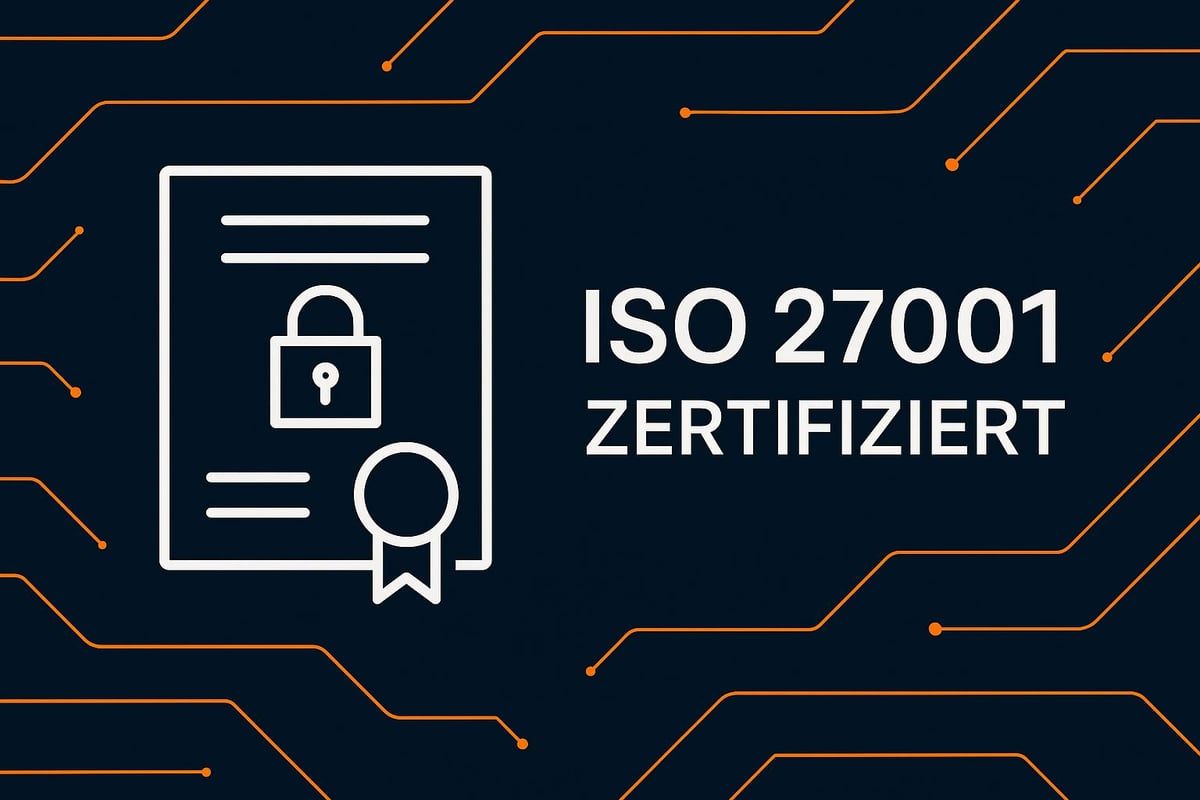 Grafik mit Zertifikat- und Schloss-Symbol, Text „ISO 27001 zertifiziert“