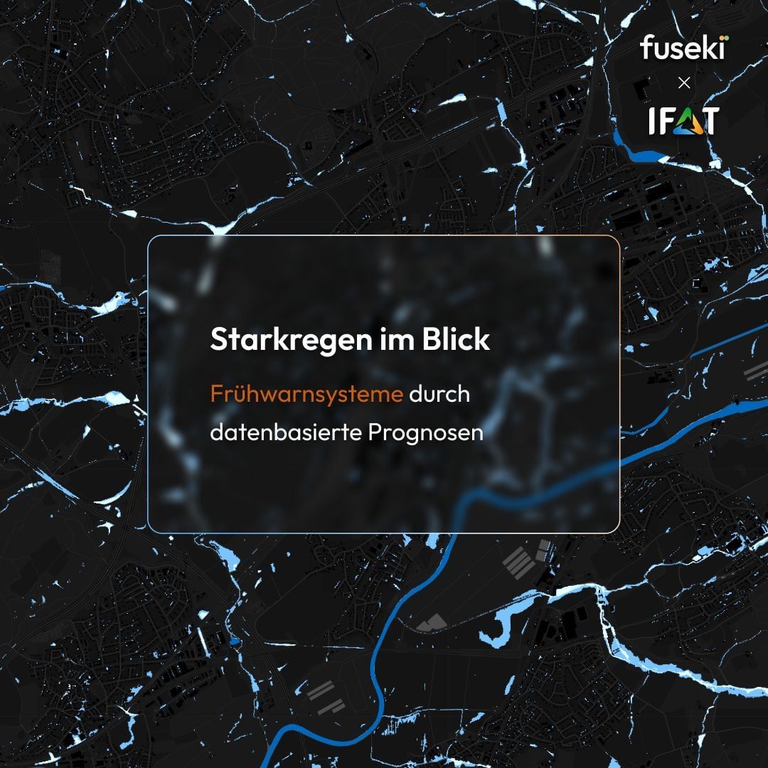 Grafik fuseki × IFAT mit Stadtkarte: „Starkregen im Blick – Frühwarnsysteme durch datenbasierte Prognosen“