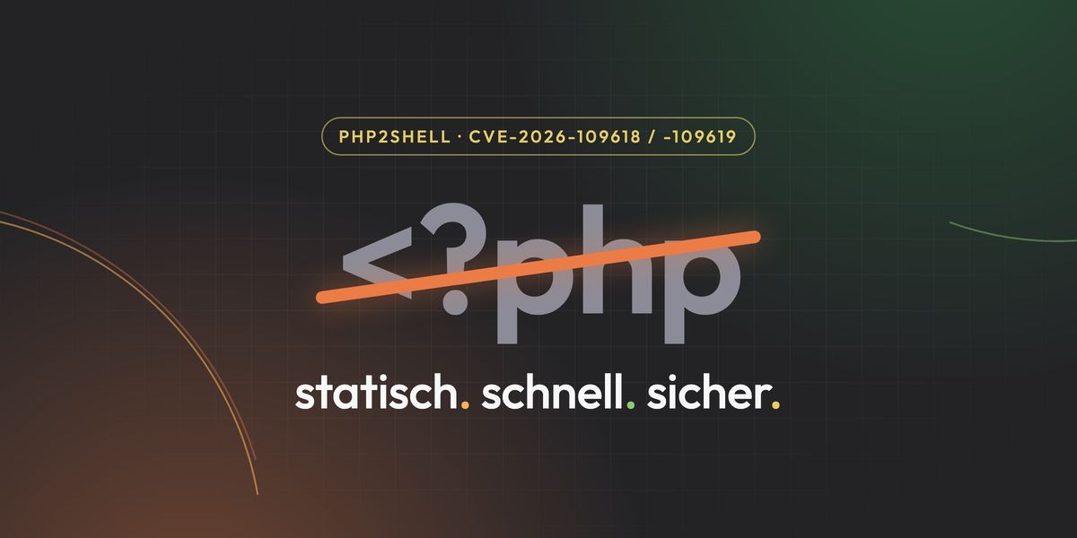Grafik: Der Schriftzug „<?php“ ist orange durchgestrichen, darunter steht „statisch. schnell. sicher.“