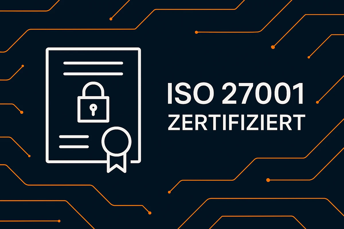 Symbolbild eines Zertifikats und Schloss mit dem Text "ISO 27001 zertifiziert"