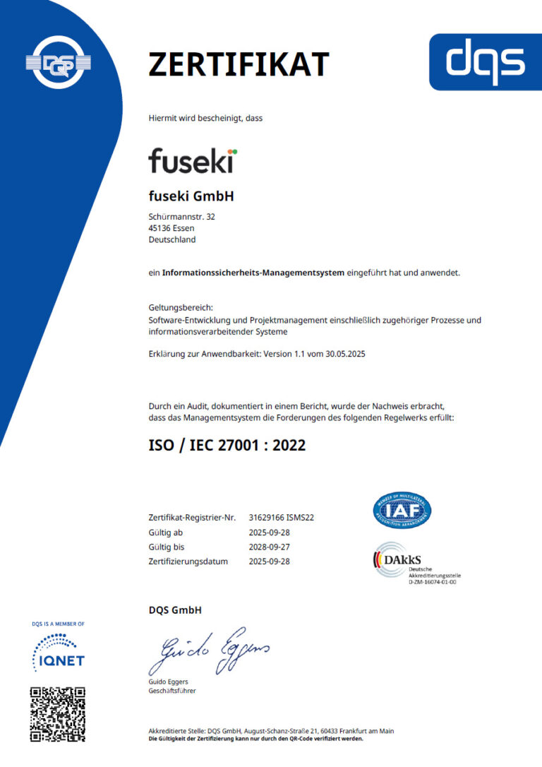 Das Zertifikat der fuseki GmbH gemäß ISO 27001